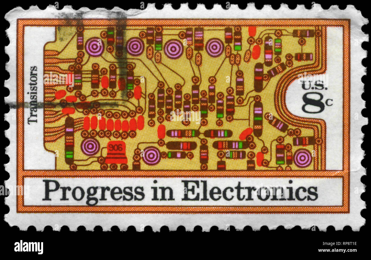 USA - ca. 1973: einen Stempel in den USA gedruckten zeigt die Transistoren und die Platine, Elektronik Fortschritt Ausgabe, ca. 1973 Stockfoto