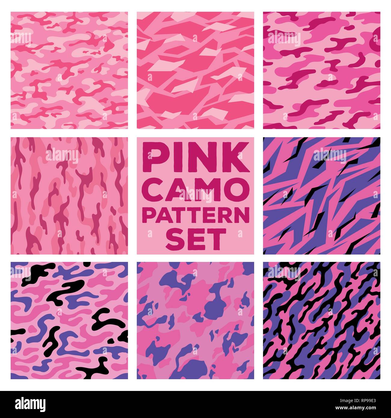 Rosa camouflage Muster. Sammlung von 8 Seamless Pattern. vector Hintergrund Illustration für Banner, Hintergrund, Internet, Mode, Oberfläche design Stock Vektor