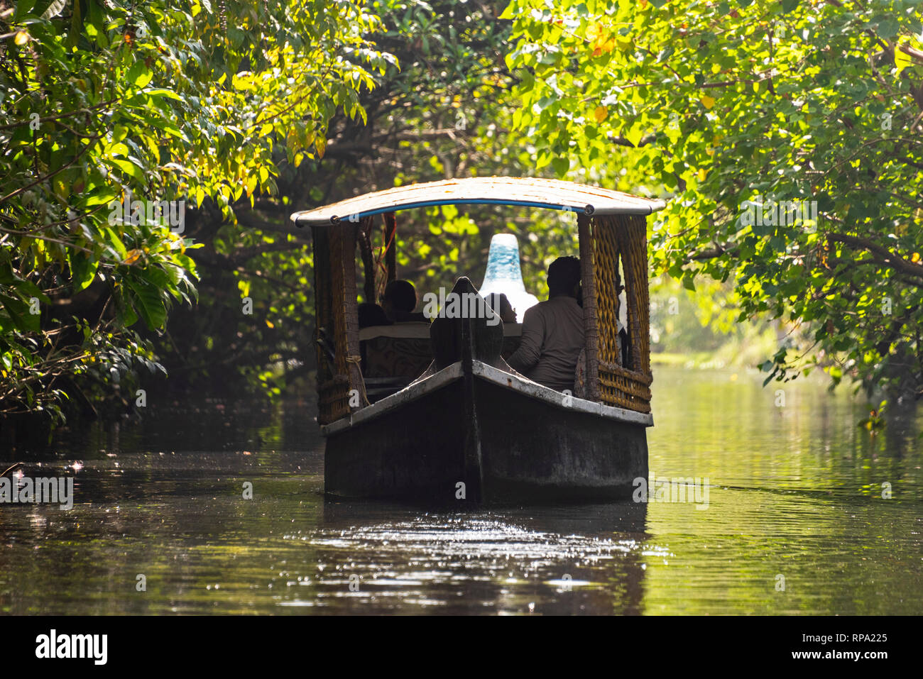 Ein typischer Tag Boot schwimmend auf dem Keralan backwaters an einem sonnigen Tag Kreuzfahrt. Stockfoto