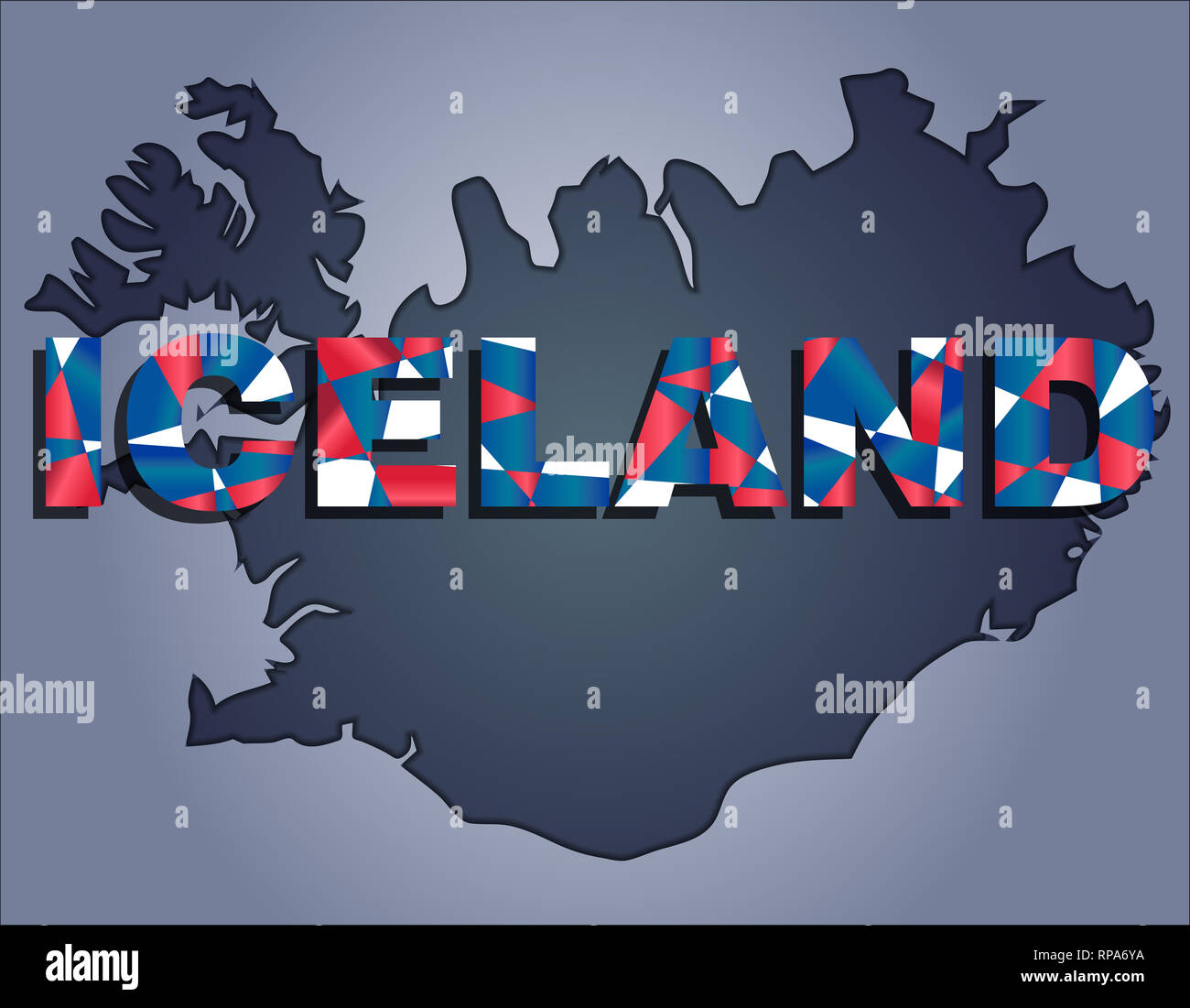 Die Konturen des Territoriums von Island in grauen Farben und Word Island in den Farben der oficial Flagge, Rot, Blau und Weiß Stockfoto