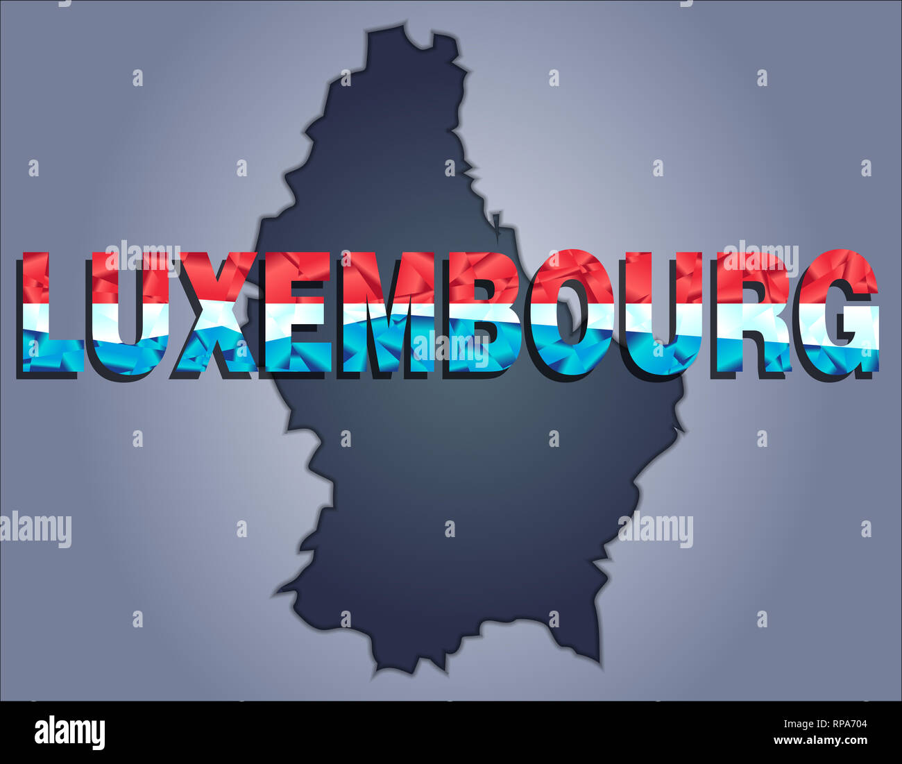 Die Konturen der Luxemburger Gebiet in grauen Farben und Wort Luxemburg in den Farben der oficial Flagge, Rot, Weiß und Blau Stockfoto
