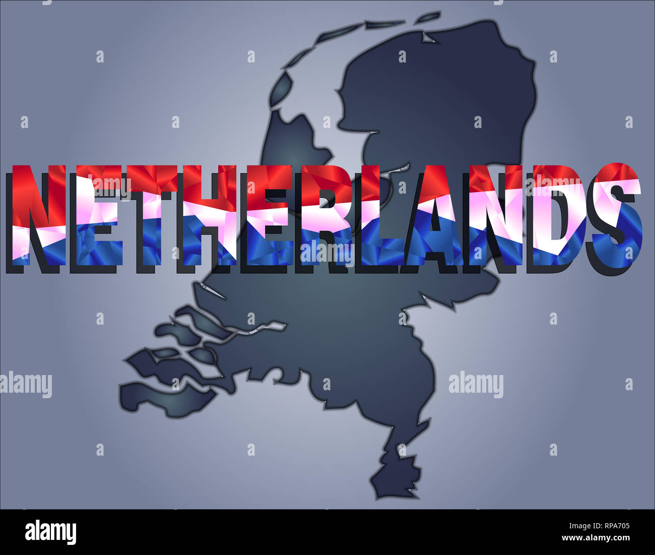 Die Konturen des Hoheitsgebiets der Niederlande in grauen Farben und Wort Niederlande in Farben der oficial Flagge, Rot, Blau und Weiß Stockfoto