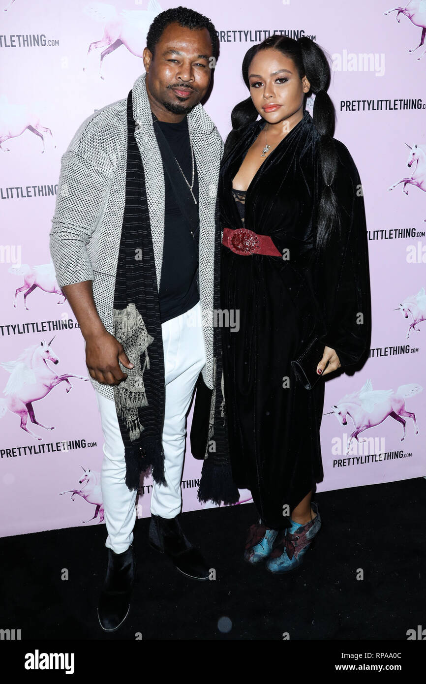 LOS ANGELES, Ca, USA - 20. Februar: Boxer Sugar Shane Mosley und Trista Pisani am PrettyLittleThing Los Angeles Office Opening Party kommen an der PrettyLittleThing Los Angeles Office am Februar 20, 2019 in Los Angeles, Kalifornien, Vereinigte Staaten. (Foto von Xavier Collin/Image Press Agency) Stockfoto