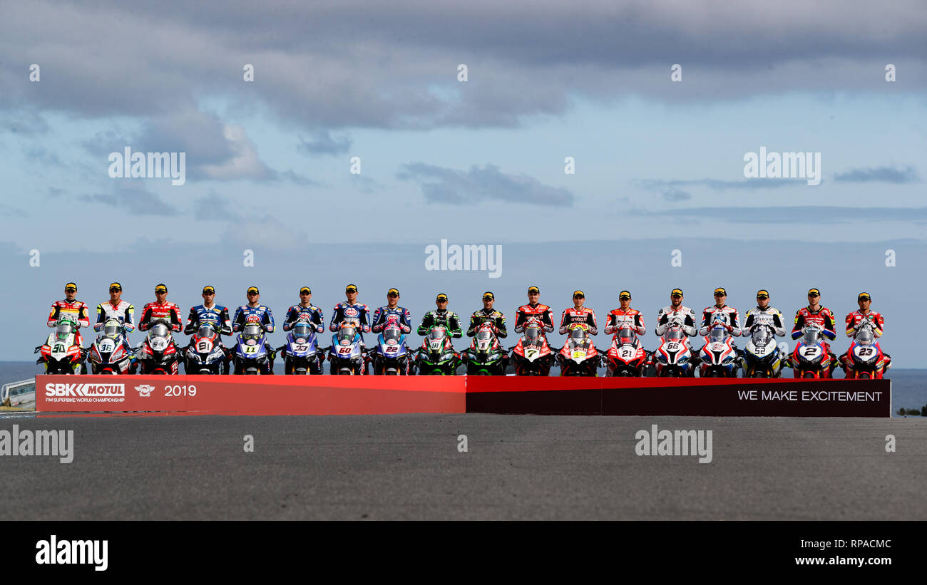 Phillip Island, Australien. 21 Feb, 2019. World Superbike Fahrer Line up für ein Gruppenfoto auf Gardner gerade auf Phillip Island für die Superbike Weltmeisterschaft von Australien. Credit: corleve/Alamy leben Nachrichten Stockfoto