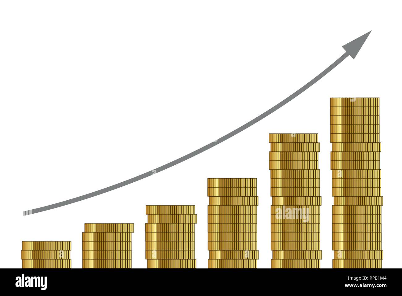 Steigende Kurs viele goldene Münzen auf weißem Hintergrund Finanzen konzept Vektor-illustration EPS 10. Stock Vektor