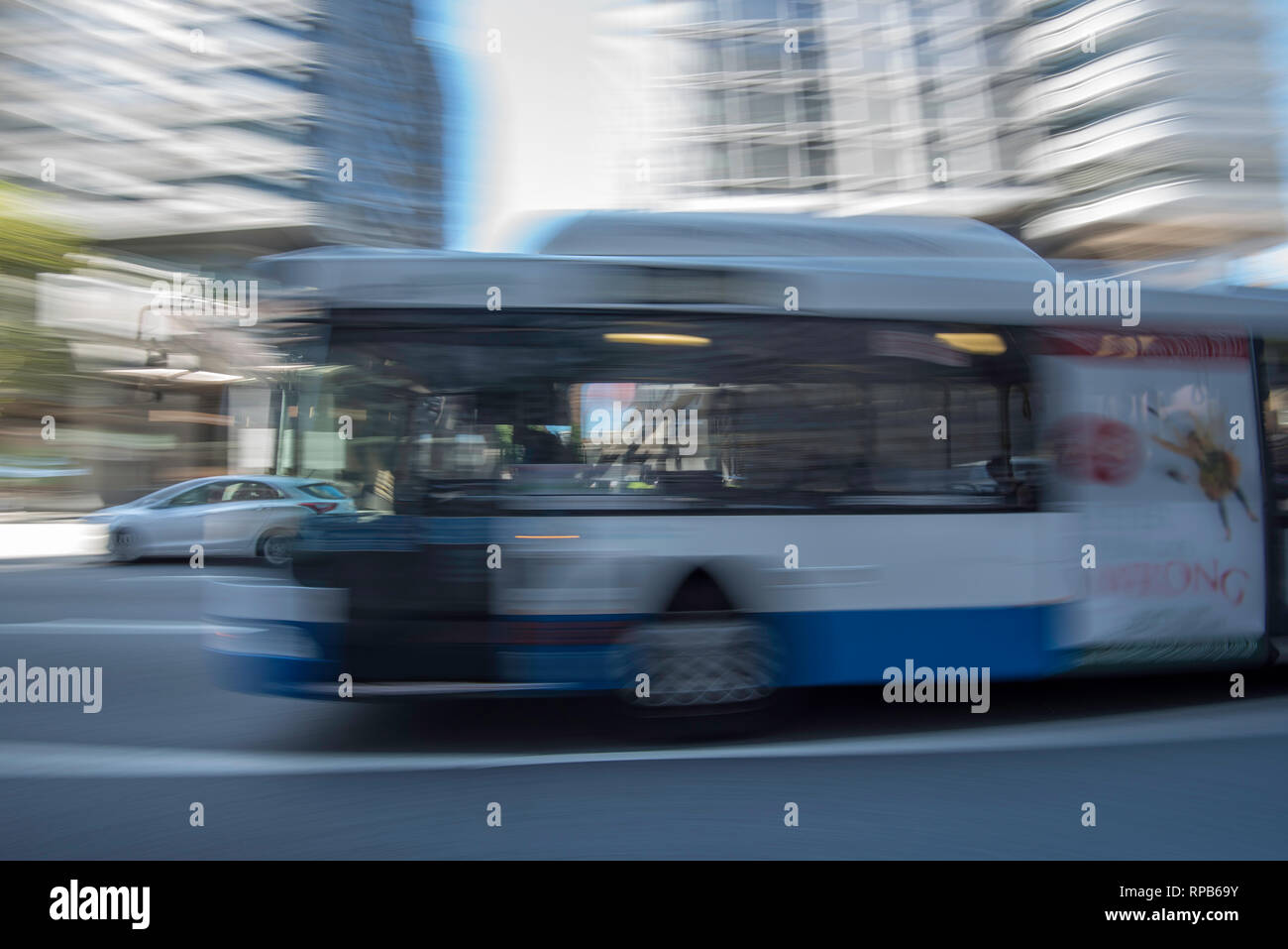 Ein verschwommenes Bild eines sich schnell bewegenden blau-weißen Busses der Regierung von New South Wales auf einer Straße in Sydney in Australien Stockfoto