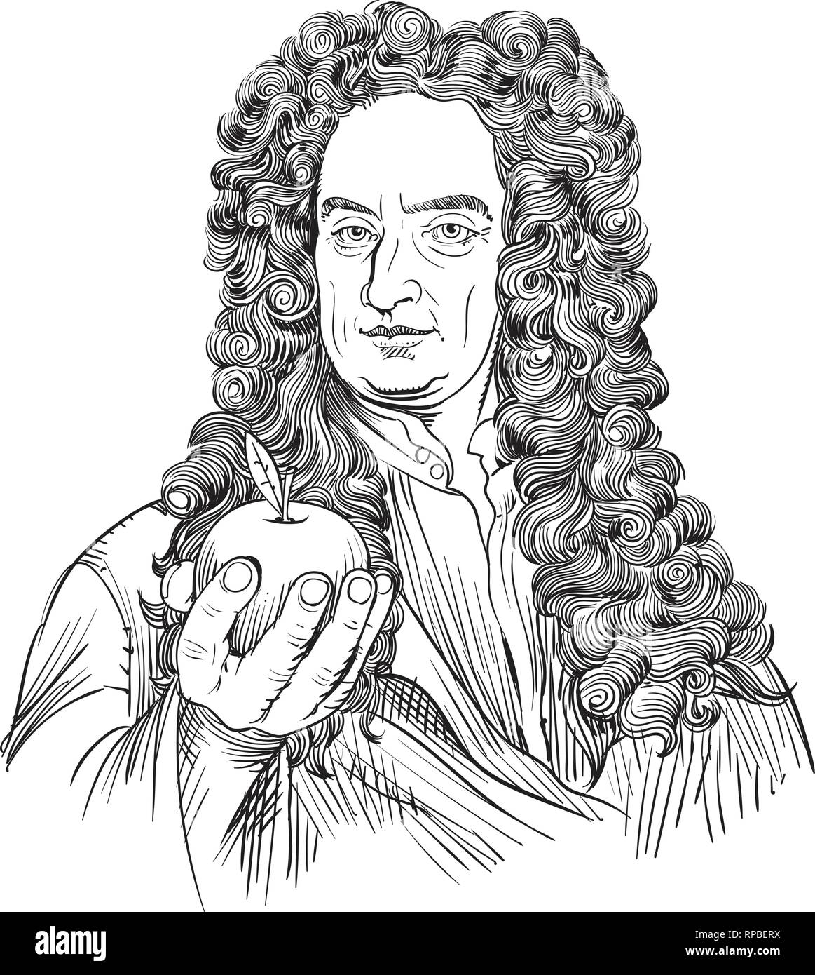 Isaac Newton Porträt im Einklang Art Illustration. Er war ein Astronom, Wissenschaftler, Philosoph, Mathematiker und Physiker. Stock Vektor