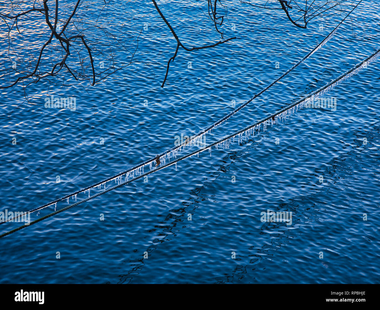 Eiszapfen an festmacher Seil, Schweden, Skandinavien Stockfoto
