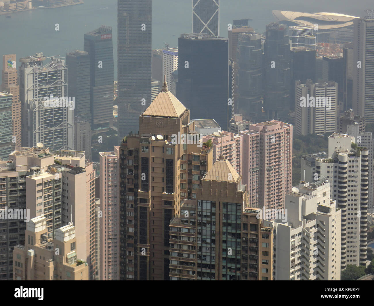 Hong Kong auf einem nebligen Luft verschmutzt. Stockfoto