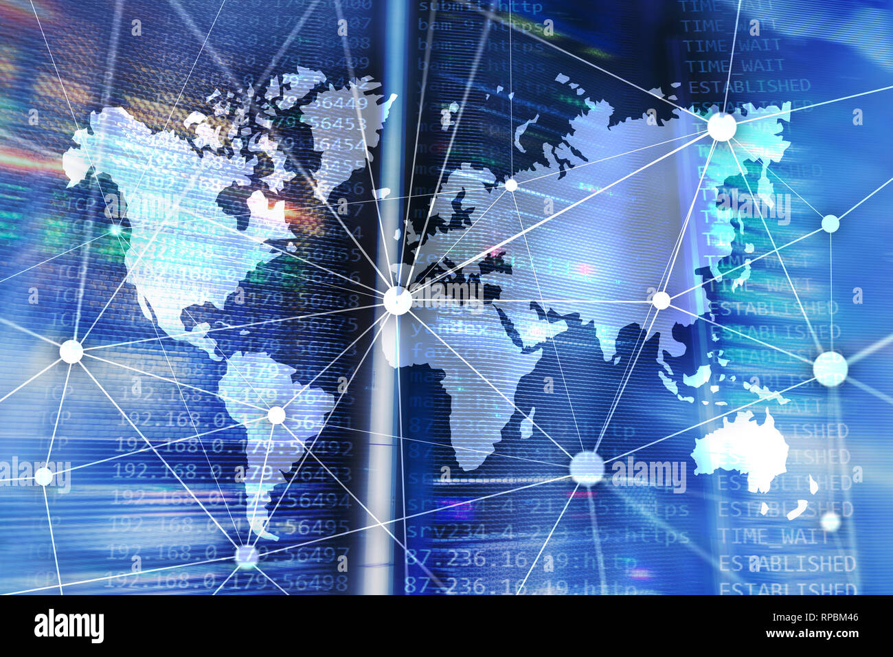 Weltkarte mit Kommunikation Netzwerk auf dem Server zimmer Hintergrund. Stockfoto