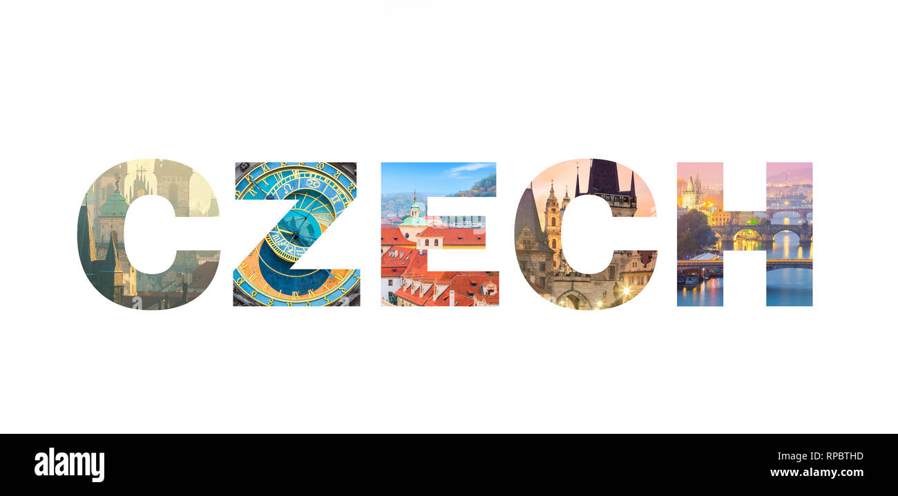 Berühmten tschechischen Sehenswürdigkeiten Photo Collage, Briefe der Tschechischen isoliert auf weißem Hintergrund, beliebten touristischen Standorten Stockfoto
