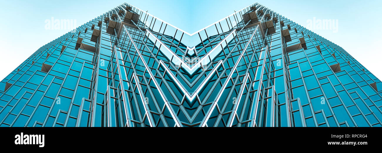 Unterseite Panoramablick und Blick auf Stahl Tiffany blaues Glas Hochhaus Wolkenkratzer, Business Konzept der erfolgreiche industrielle Arachiten Stockfoto