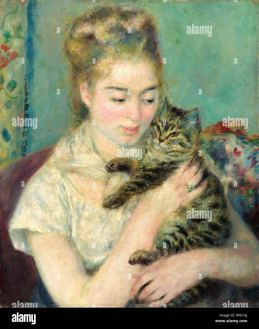 Renoir, Frau mit Katze, Porträtmalerei in Öl auf Leinwand um 1875 Stockfoto