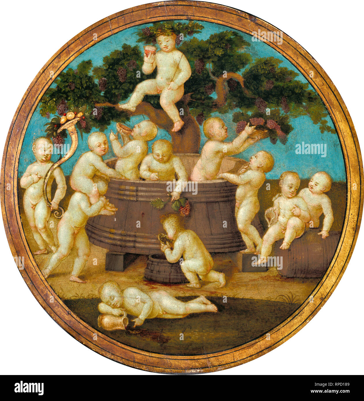 Anhänger von Raphael, Putti mit einer Weinpresse, C. 1500, Malerei Stockfoto