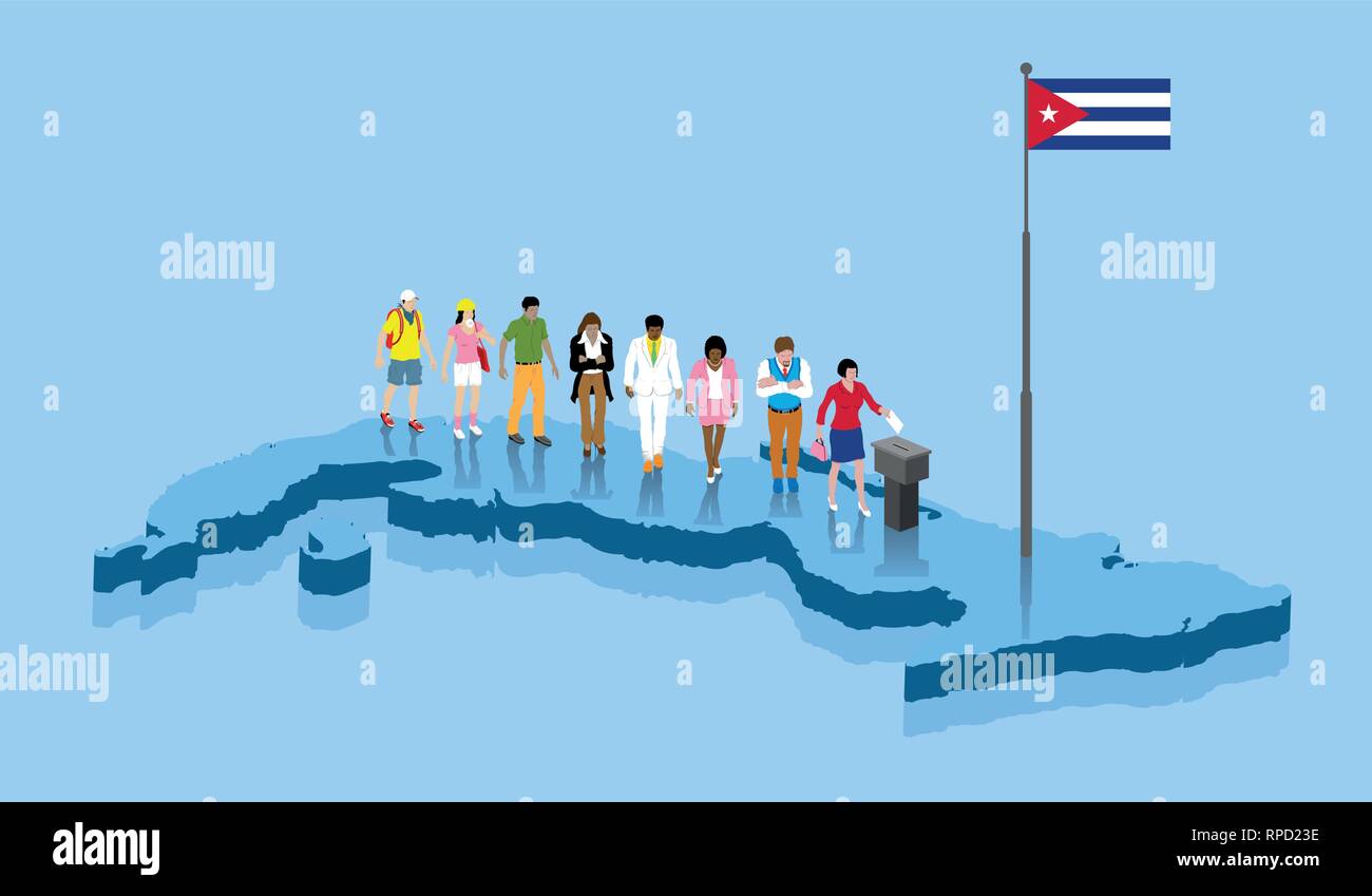 Kubanischen Bürger stimmen für die Wahl über einen Kuba Karte. Alle Objekte, Schatten und Hintergrund sind in verschiedenen Schichten. Stock Vektor