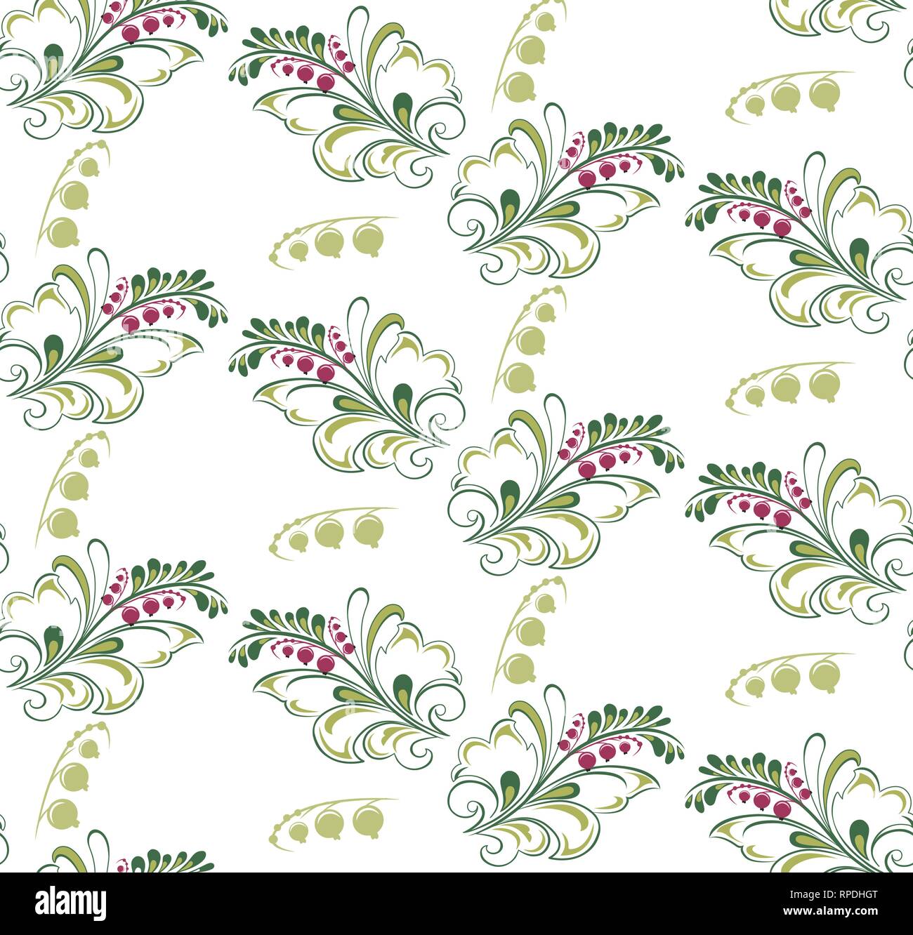 Die Abbildung zeigt eine schöne nahtlose Muster mit dekorativen grünen Blätter und Rote Johannisbeere Beeren. Ornament auf einem weißen Hintergrund, Vect Stock Vektor