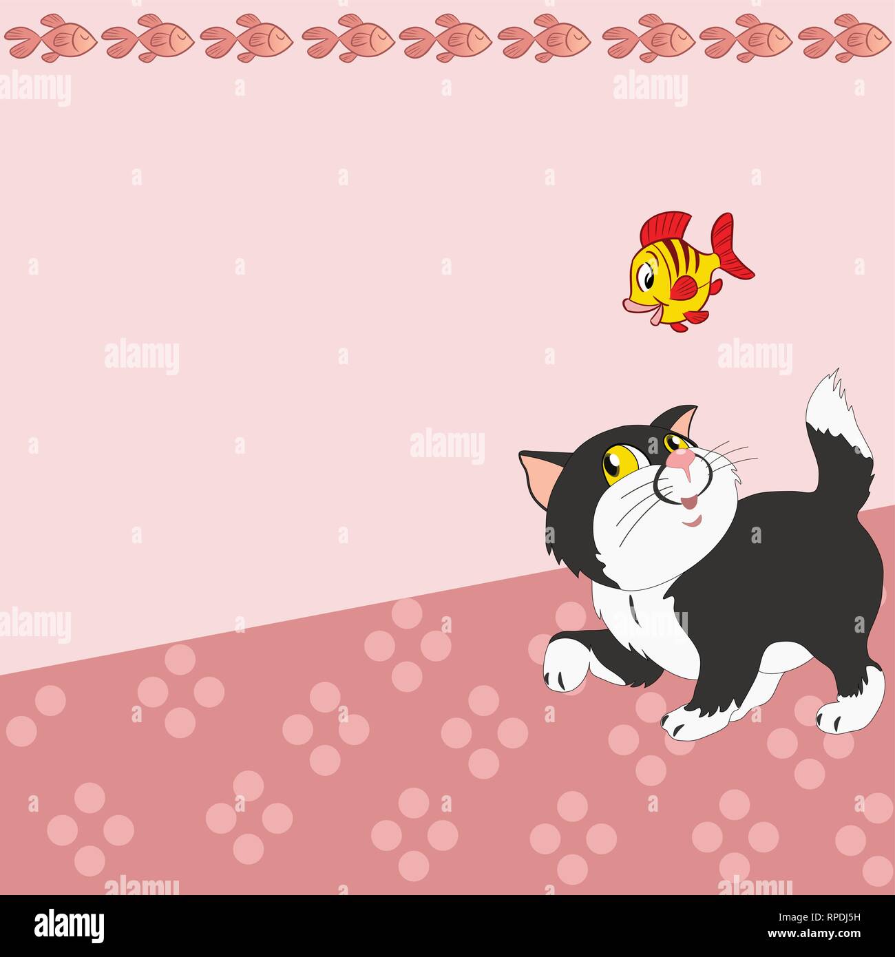 Die Abbildung zeigt das Muster mit cartoon Katze und ein Fisch auf einem rosa Hintergrund. Es ist ein Ort für Text, auf separaten Ebenen. Stock Vektor