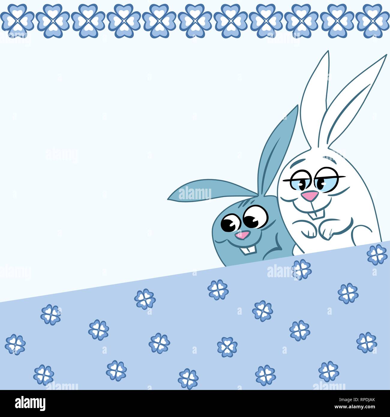 Die Abbildung zeigt das Muster mit zwei cartoon Kaninchen auf einem blauen Hintergrund. Es ist ein Ort für Text, auf separaten Ebenen. Stock Vektor