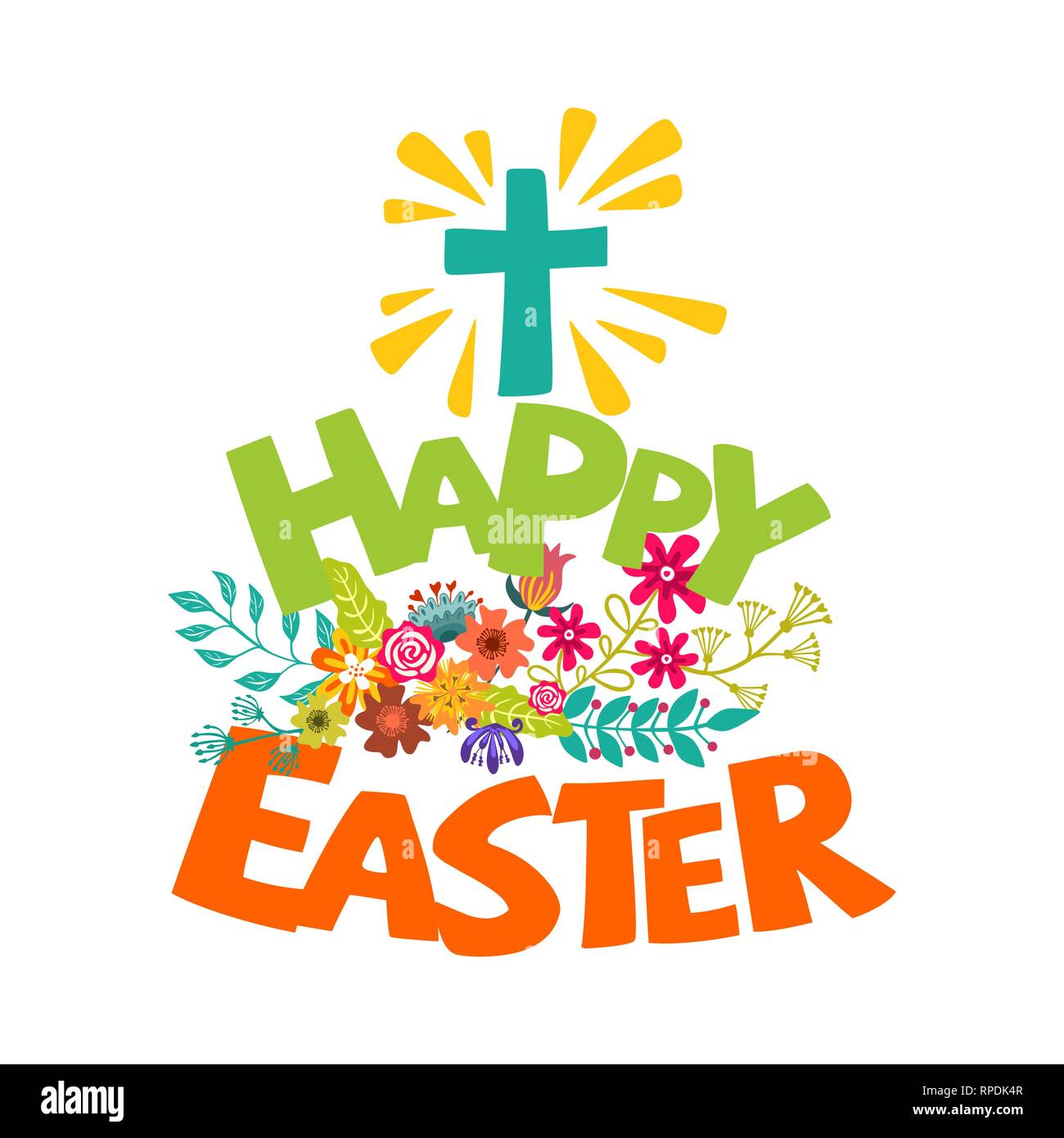 Frohe Ostern. Schrift und grafische Elemente. Kreuz von Jesus Christus. Stock Vektor