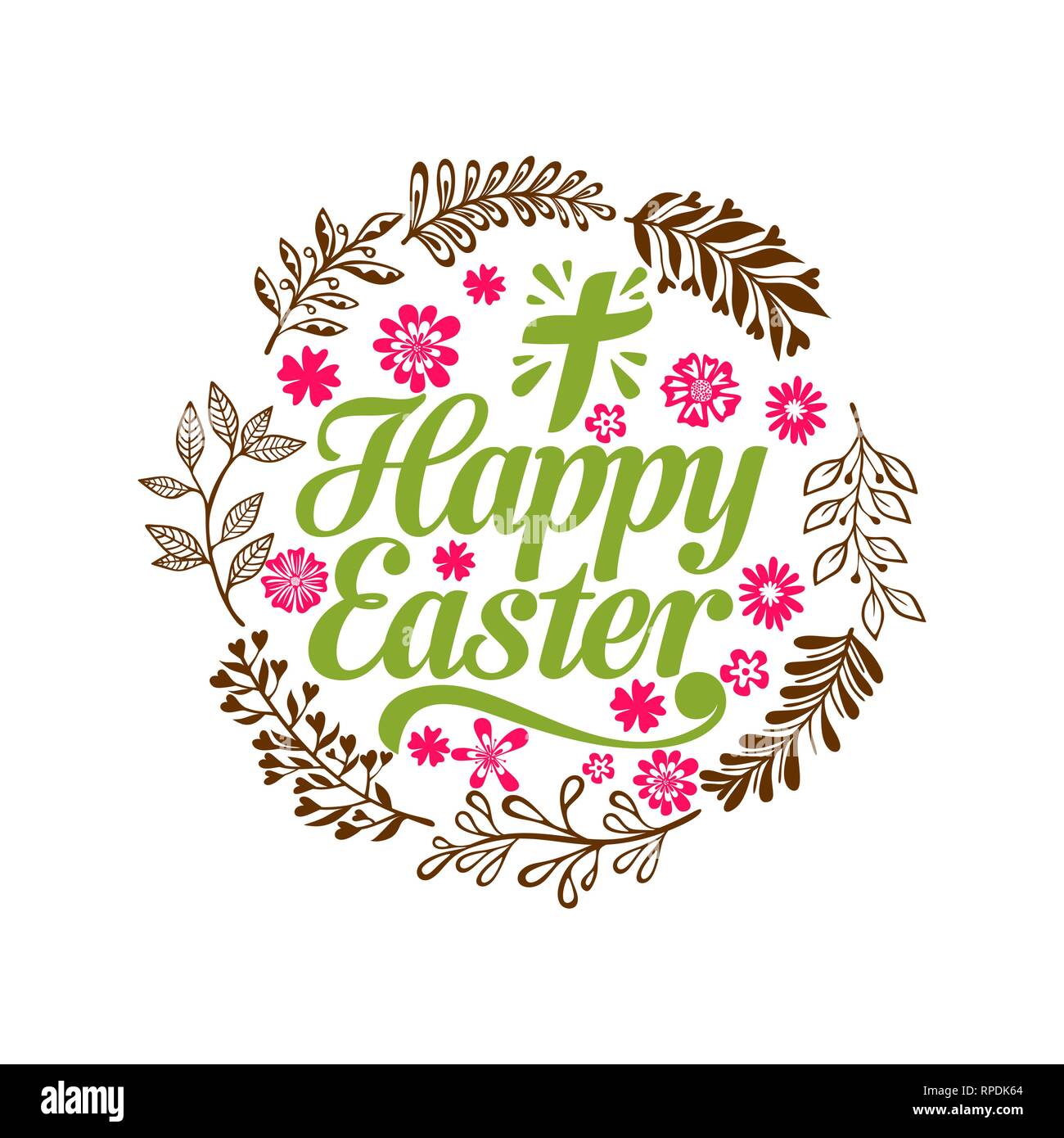 Frohe Ostern. Schrift und grafische Elemente. Kreuz von Jesus Christus. Stock Vektor