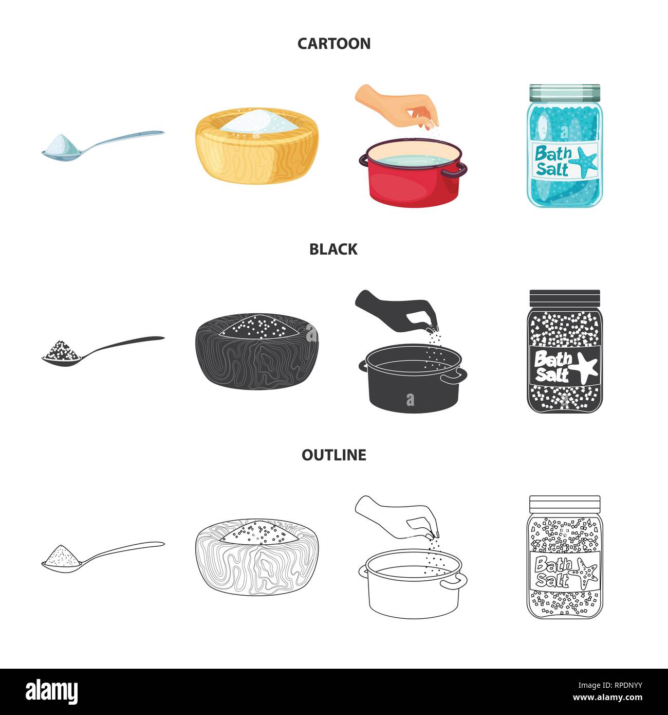 Löffel, Schalen, Tiegel, Flaschen, salzig, Wasser, Handvoll, Gewürze, Badewanne, Hill, arm, Wellness, Pulver, Vintage, weiß, Streuen, Getreide, Mehl, Restaurant, Platte, Container, Reinigen, Kochen, Meer, Natur, Backen, Salz, Nahrungsmittel-, Natrium-, Mineral, Raw, Küche, Set, Vector, Icon, Illustration, isoliert, Sammlung, Design, Element, Grafik, Zeichen, Vektor, Vektoren, Stock Vektor