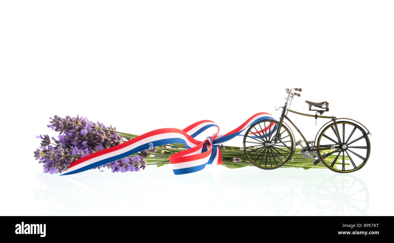 Lavendelblüten, französische Fahne und Bike isoliert auf weißem Hintergrund Stockfoto