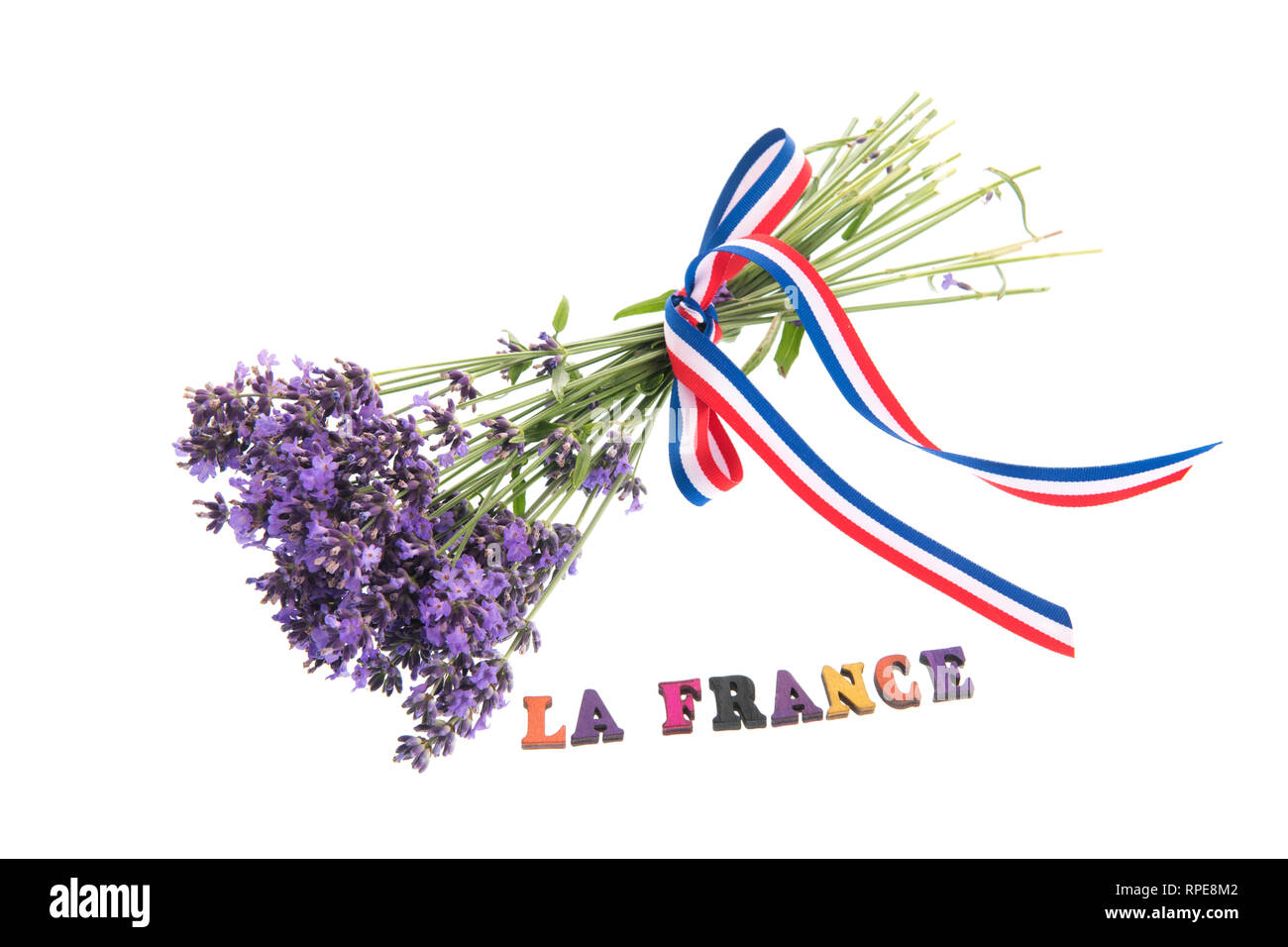 Lavendelblüten mit Vive la France isoliert auf weißem Hintergrund Stockfoto