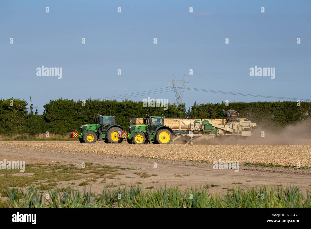 Aylesbury, Canterbury, Neuseeland, 20. Februar 2019: Eine Zwiebel Harvester und John Deere Traktoren Erntetechnik Zwiebeln im Sommer Stockfoto