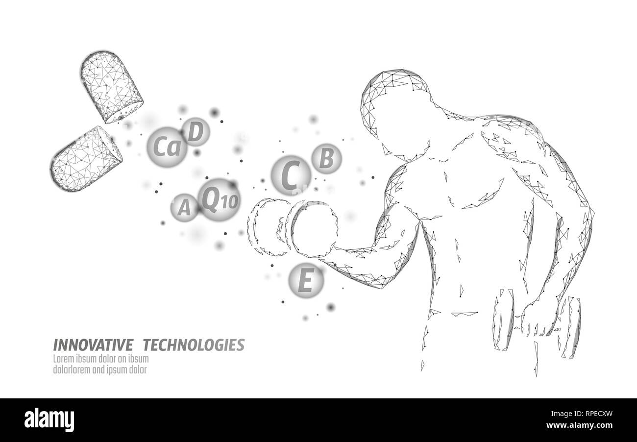 Nahrungsergänzung Vitamin Bodybuilding-Kapsel. Fitness Form Medikament Medizin Wissenschaft Chemie innovation Technologie polygonale 3D-Render. Muskelkraft Stock Vektor