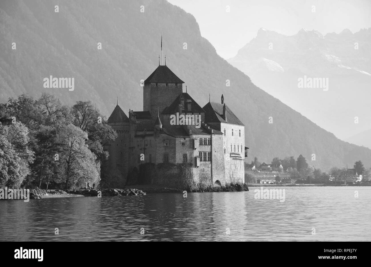 Chateau de Chillon in Schwarz und Weiß Stockfoto