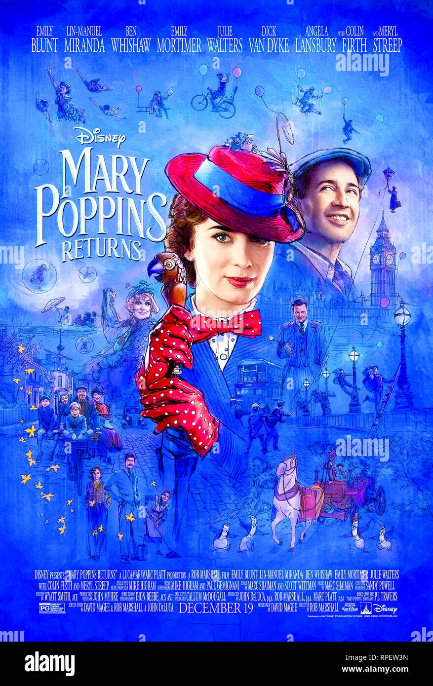 Mary Poppins (2018) von Rob Marshall Regie und Hauptdarsteller Emily Blunt, Lin-Manuel Miranda und Ben Whishaw. Stockfoto