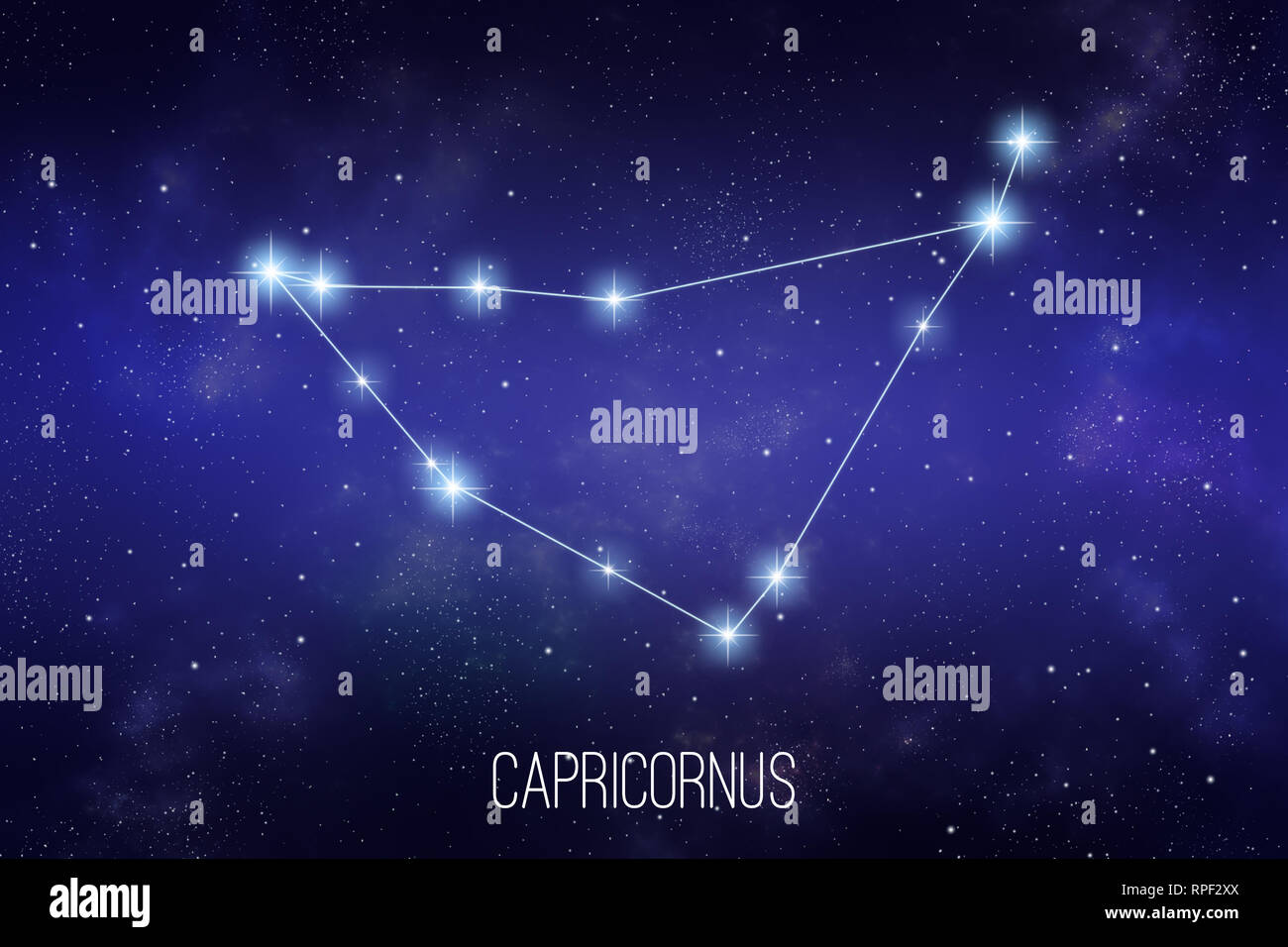 Steinbock Sternzeichen Sternbild auf ein Sternenhimmel raum Hintergrund mit  Schriftzug Stockfotografie - Alamy