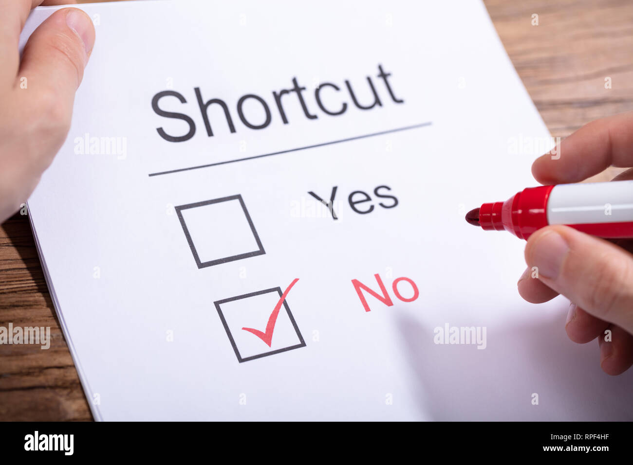 Eine Person, die Marker über Papier mit Shortcuts Wort mit "Ja" und "Nein"-Option Stockfoto
