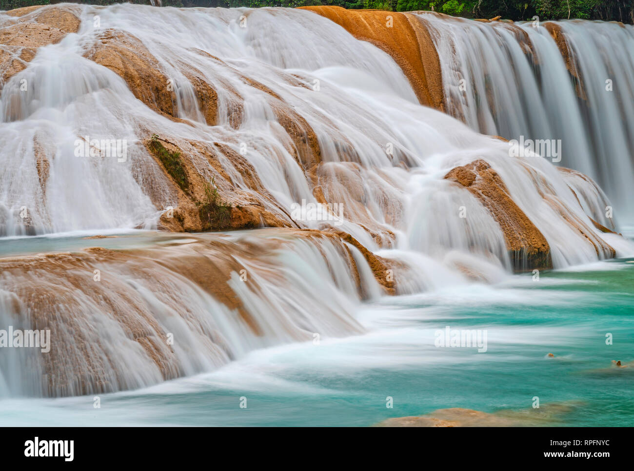 Die majestätischen türkisfarbenen Wasser des Agua Azul Kaskaden und Wasserfällen entlang einer Kalkstein Ridge in der Nähe von Palenque, Chiapas, Mexiko. Stockfoto