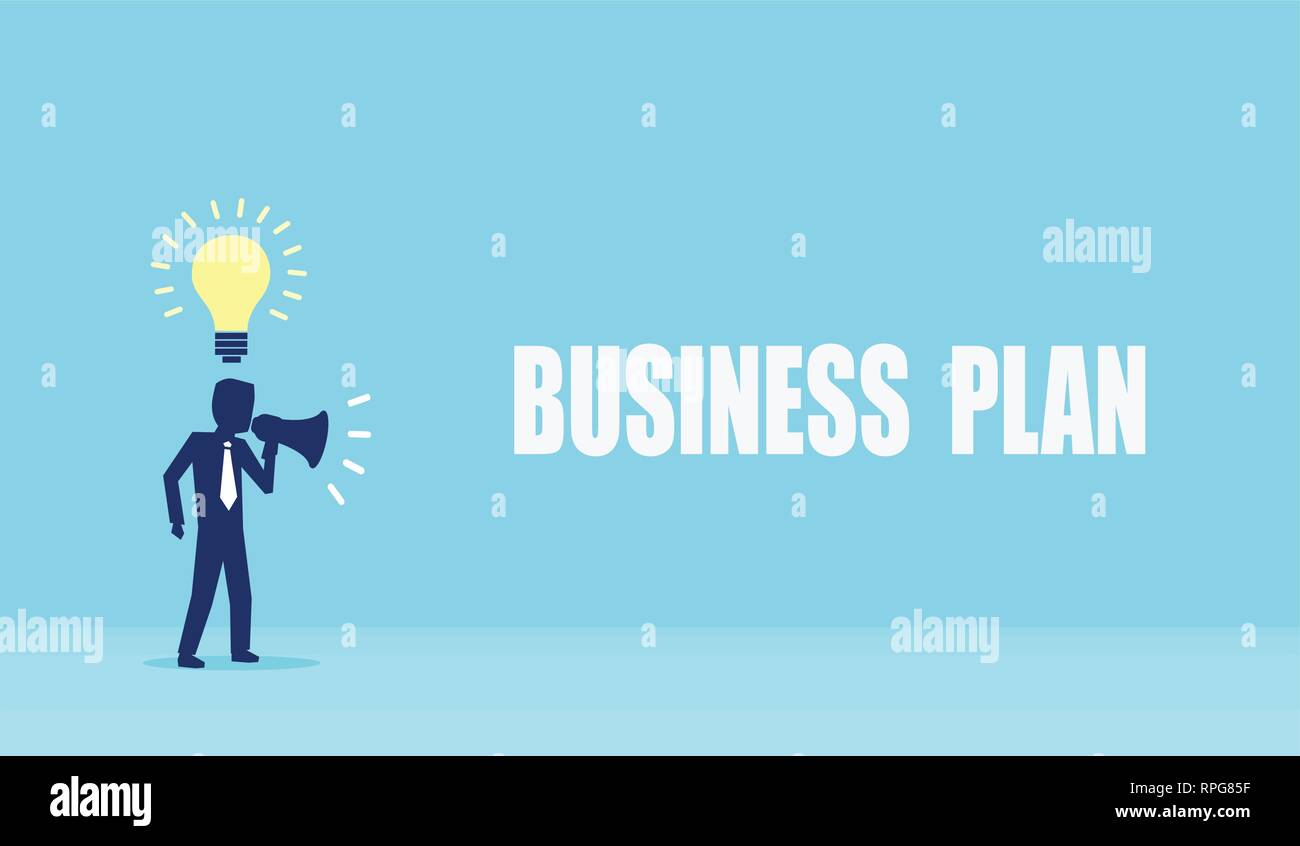 Business plan Strategie, Mission Konzept. Der Vektor der ein Geschäftsmann mit innovativen Ideen eine Ankündigung im Megaphon. Stock Vektor