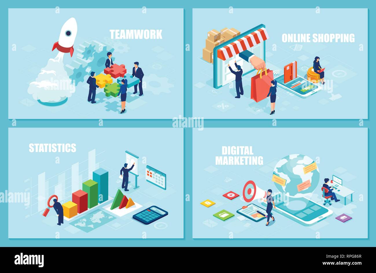 Internet Business, Teamwork und Marketing Konzept. Eingestellt von isometrischen vektor design Templates für Online Shopping, Startup Strategie und finanziellen Analyt Stock Vektor