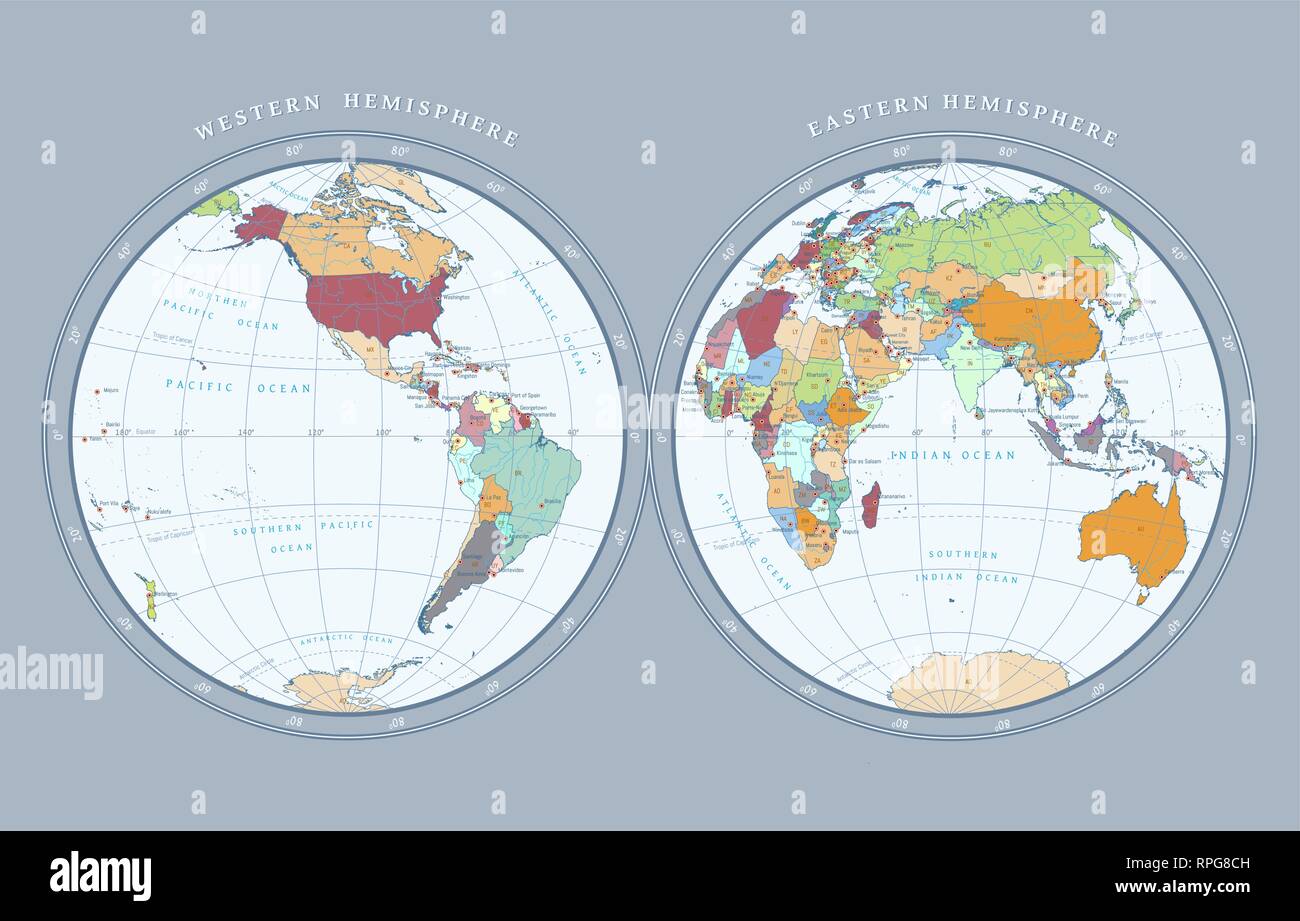 Karte von östlichen und westlichen Hemisphären Stock Vektor