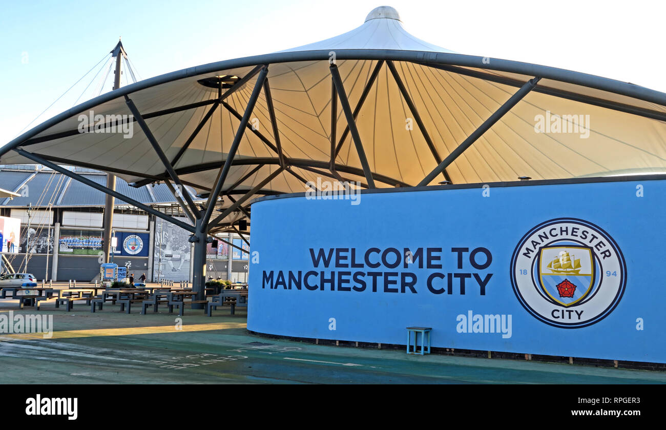 Zu Manchester City Football Club, North West England, UK Willkommen Stockfoto