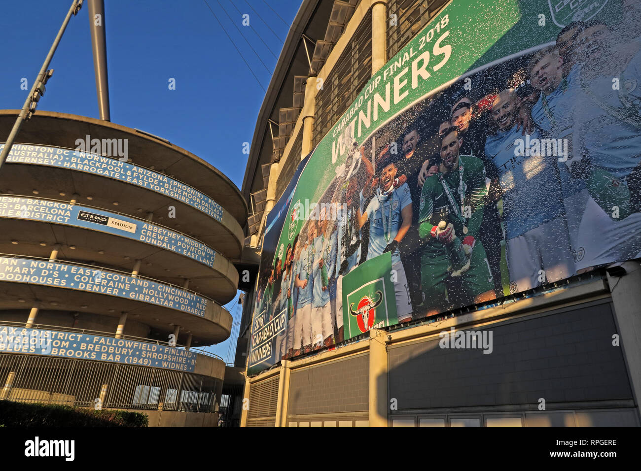 Manchester City Eitihad Stadium, MCFC Caribou Cup Sieger 2018, 2019, North West England, Großbritannien Stockfoto