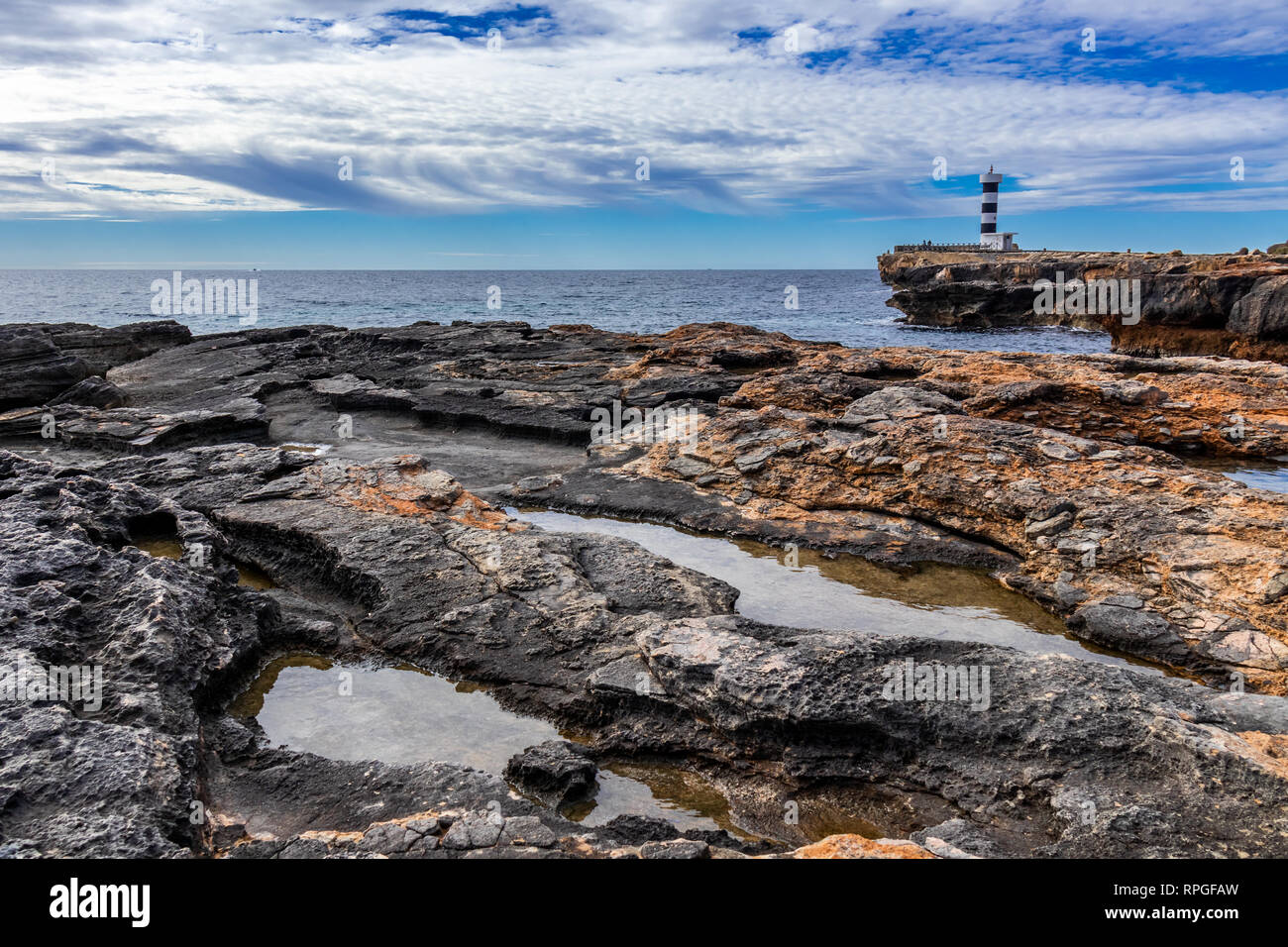 Leuchtturm von Colònia de Sant Jordi, Mallorca, Balearen, Spanien Stockfoto