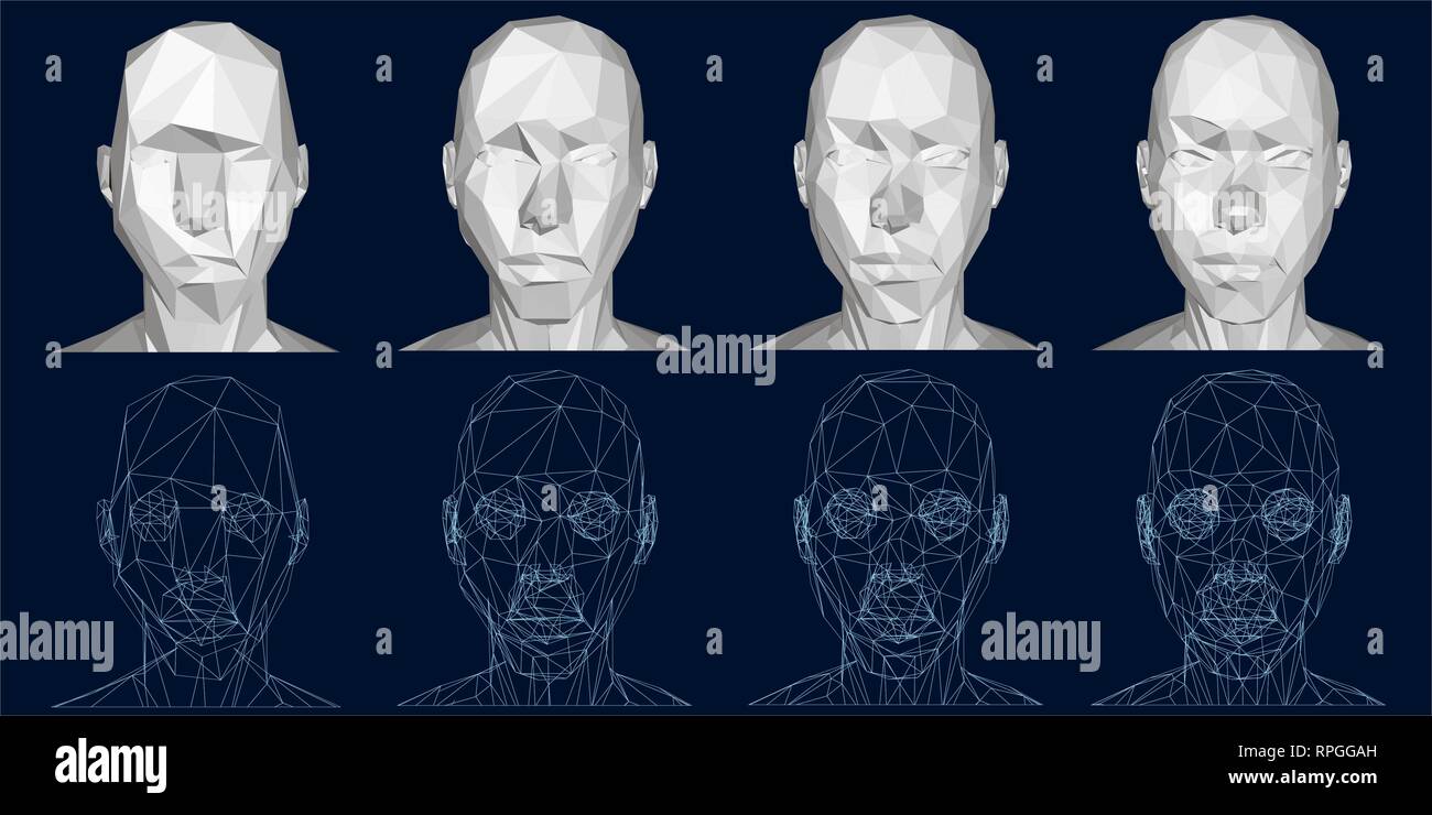 Kopf retopology. Polygonale menschlichen Kopf von einfach bis komplex gestalten. Die Reihenfolge der Komplikation der Form. 3D. Drahtmodell der menschlichen Kopf. Vektor Stock Vektor