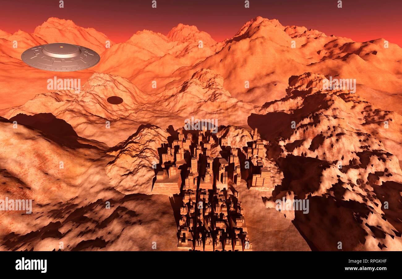 UFO Fliegen über die Ruinen einer antiken Stadt auf dem Mars. Stockfoto