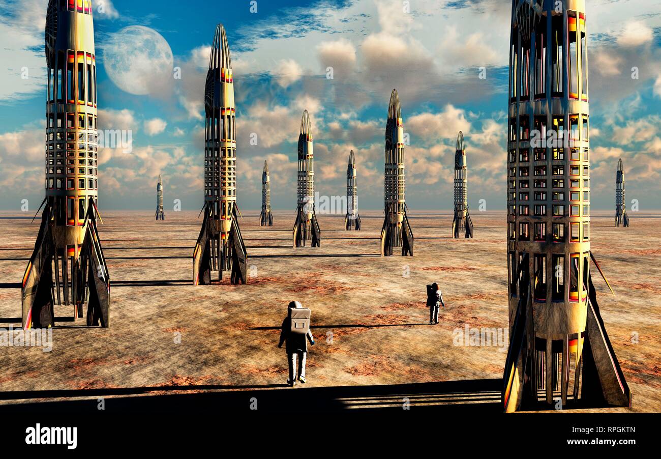 Futuristische Raketenbasis mit menschlichen Astronauten. Stockfoto