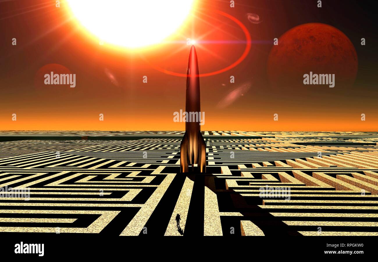 Rakete im Zentrum des Maze, mit einsame Abbildung zu Fuß in Richtung. Stockfoto