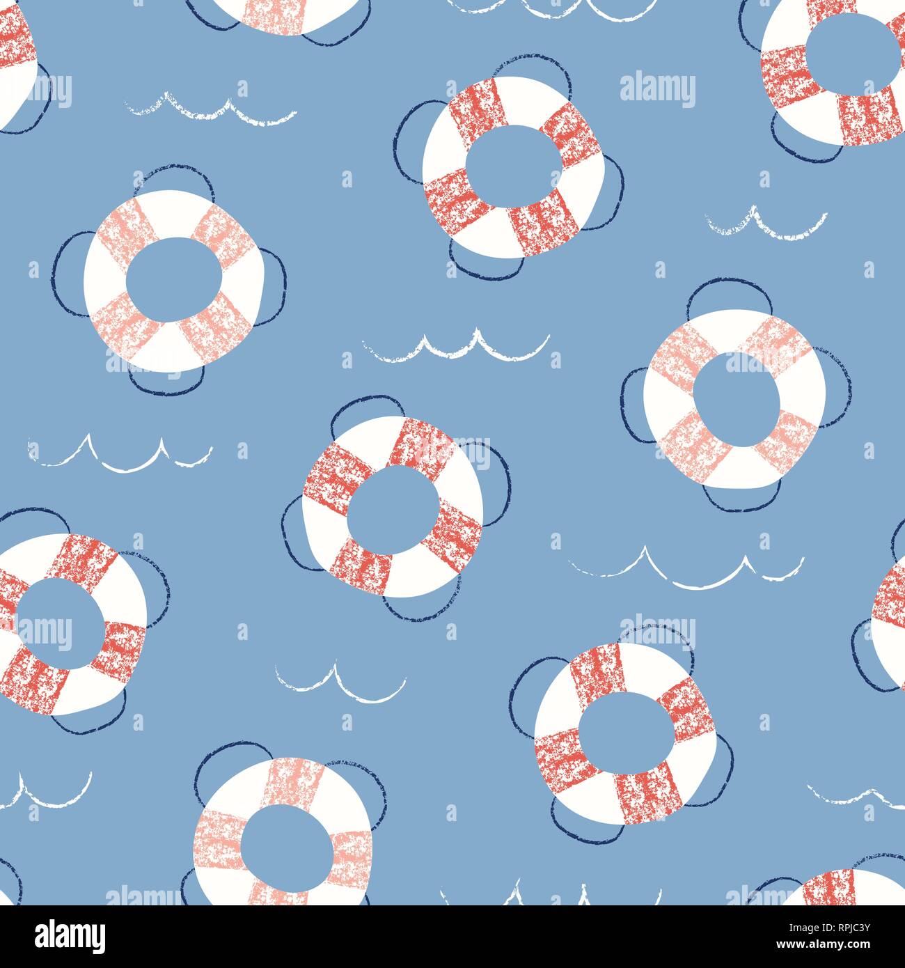 Skurril, Pastel-Colored Hand-Drawn mit Buntstiften, Rettungsringe im Meer Vektor nahtlose Muster. Spaß Kinder und Babys nautische Hintergrund. Meer, Ozean Objek Stock Vektor
