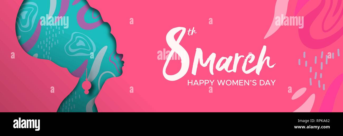 Happy Tag der Frauen Web Banner Abbildung. Papier geschnitten afrikanisches Mädchen silhouette Ausschnitt mit Turban und Hand gezeichnet Doodles, afro Frau für weibliche Rechte nicht Stock Vektor