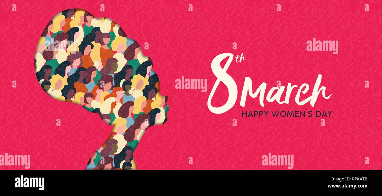 Happy Tag der Frauen Web Banner Abbildung. Afrikanische Papier schneiden mädchen silhouette mit Frauen Gruppe Inside, weiblichen Publikum für gleiche Rechte März oder friedliche p Stock Vektor