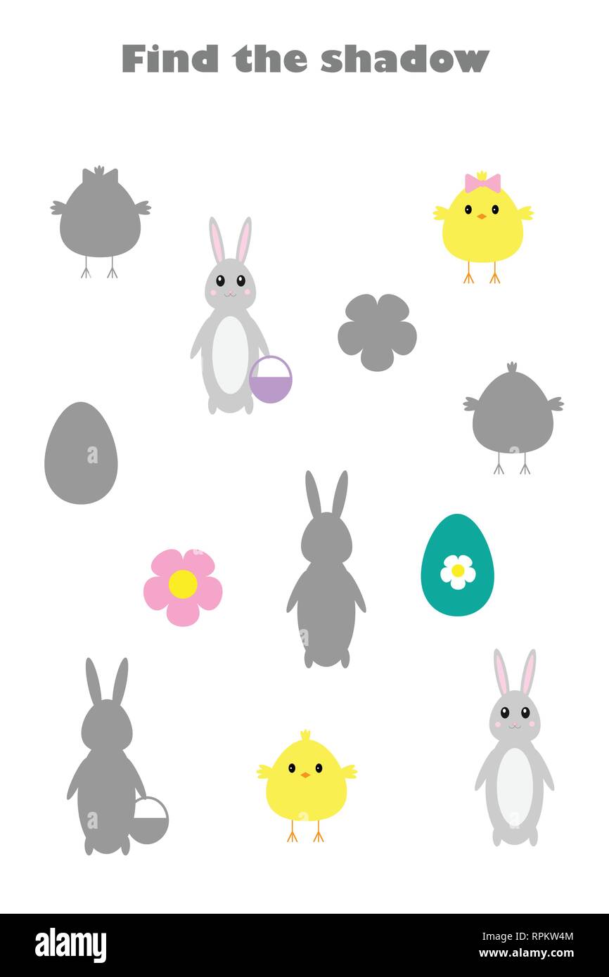 Der Schatten finden, Ostern Spiel für Kinder, Küken, Hase, Ei im Comic-stil, Bildung Spiel für Kinder, Vorschule Arbeitsblatt Aktivität, Aufgabe der Dev Stock Vektor