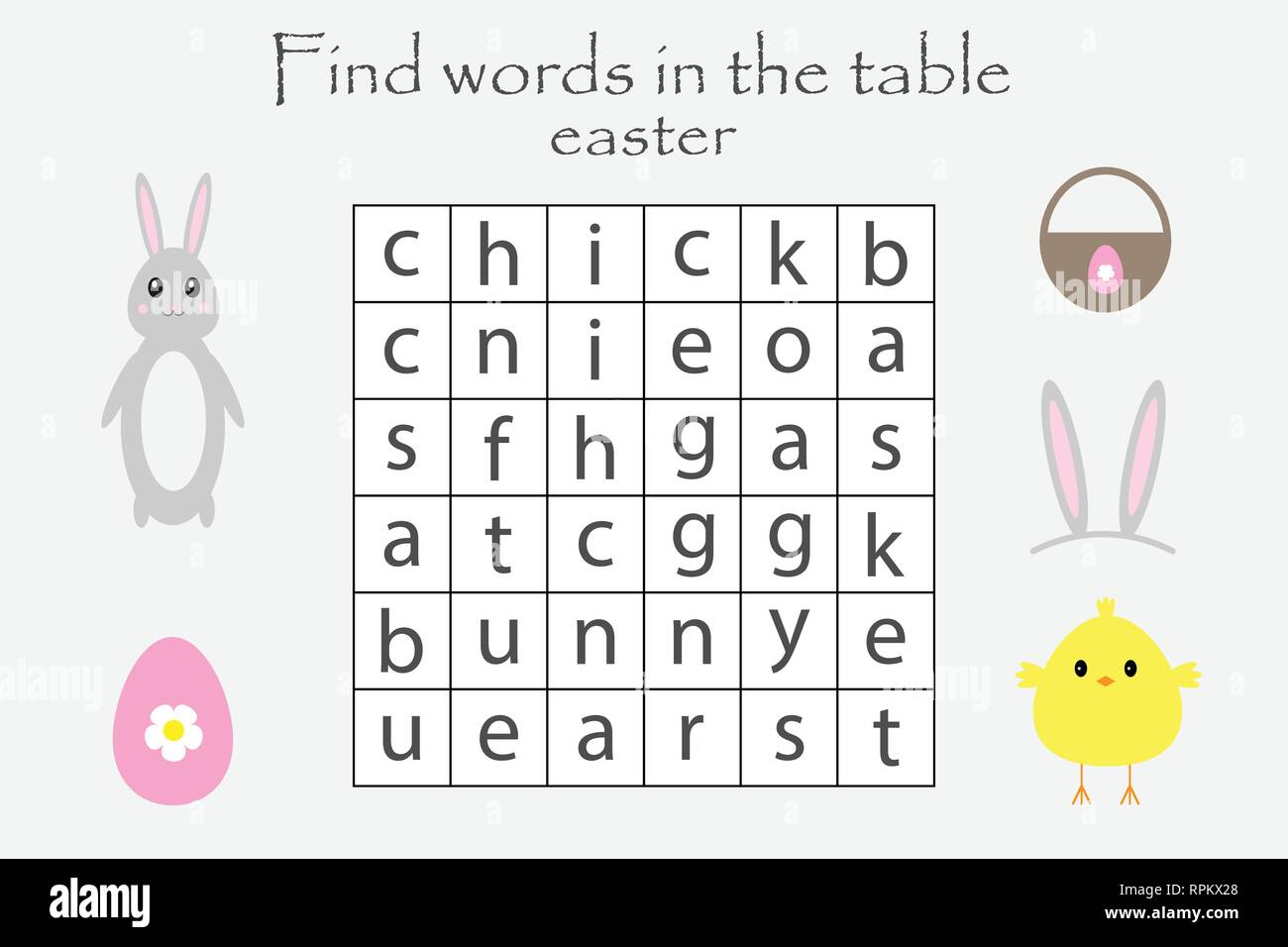 Word Search Puzzle für Kinder, Ostern Thema, Spaß Bildung Spiel für Kinder, Vorschule Arbeitsblatt Aktivität, Vektor Stock Vektor