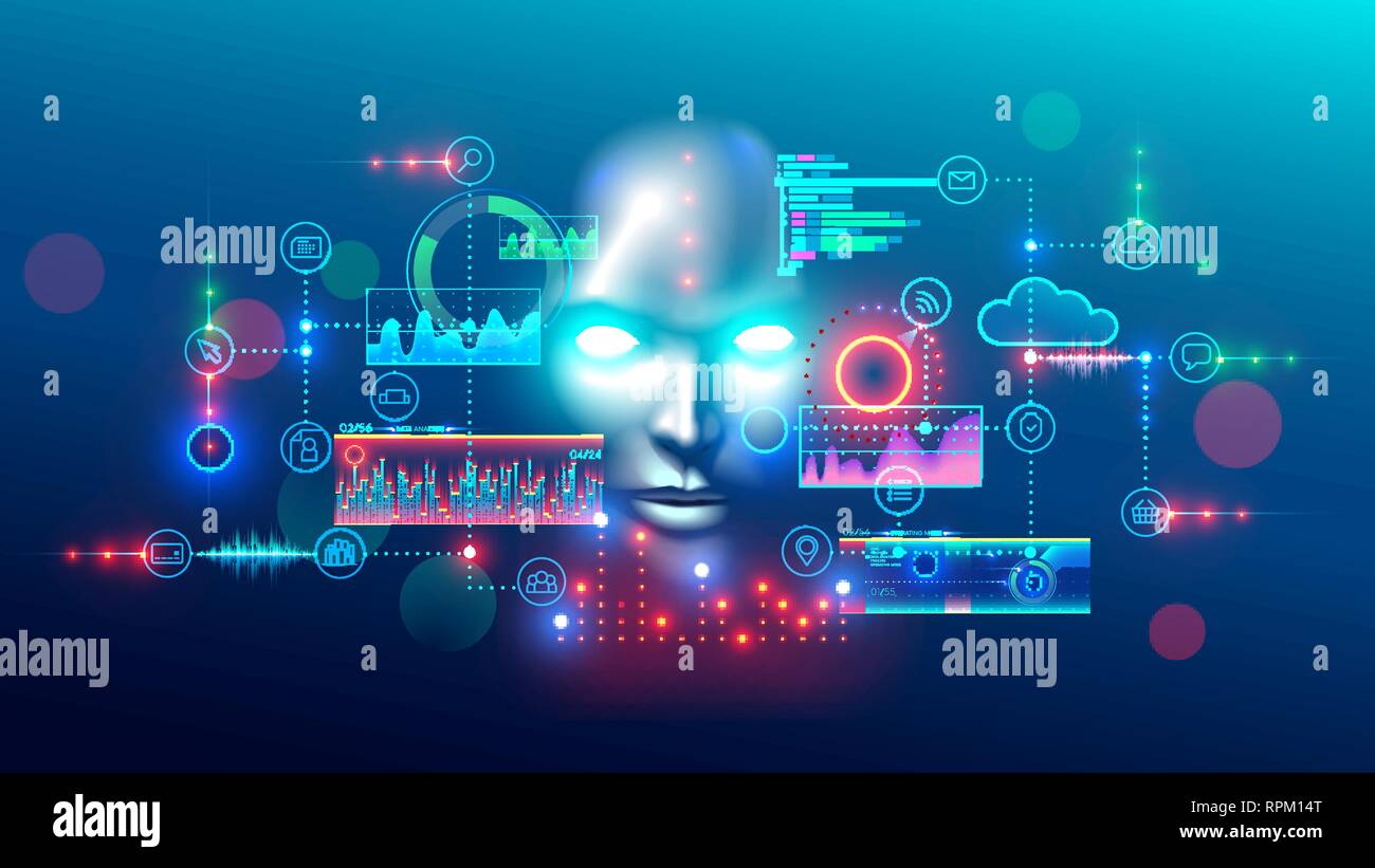Künstliche Intelligenz abstrakte Konzept Banner. Digital Mind analysiert Daten Informationen. AI Verbindung mit neuronalen Netzen, löst Aufgaben im Unternehmen Stock Vektor